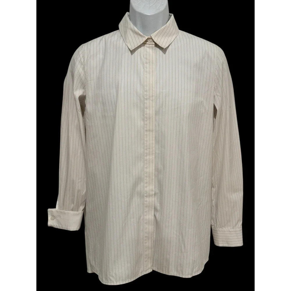 Lafayette 148 New York Women Tunic Shirt S White Gold Pinstripe Button - Picture 5 of 12